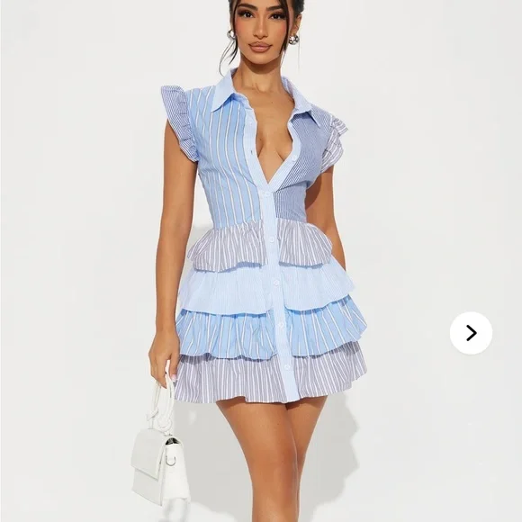 NWOT Striped Blue and White Babydoll Ruffle Mini Dress - Picture 1 of 3